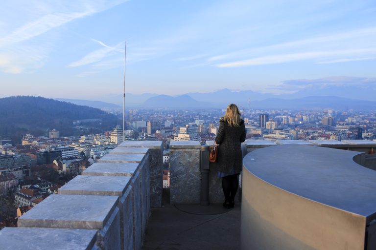 Nicola looking over the rooftops of Ljubljana, Slovenia